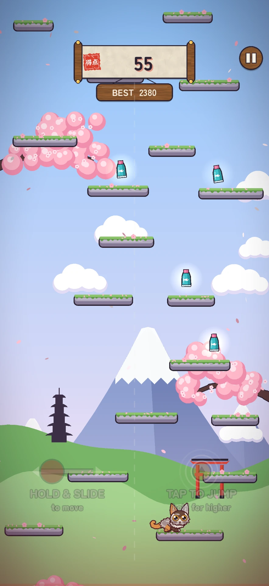 Gameplay: Mizetto leaping between platforms under Mount Fuji
