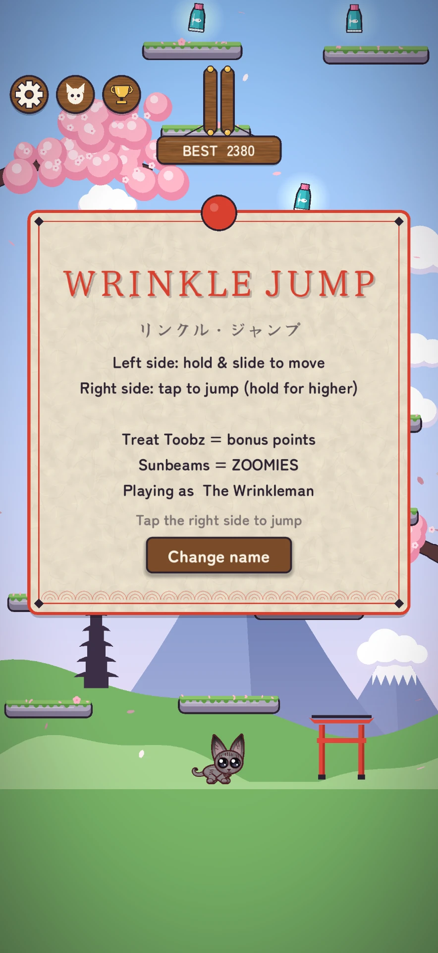 Start screen showing the wrinkle Jump title scroll and controls